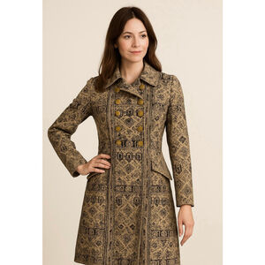 Womens Riva Beige Blk Patterned Pea Coat Sm Victorian Goth Romantic VTG Inspired